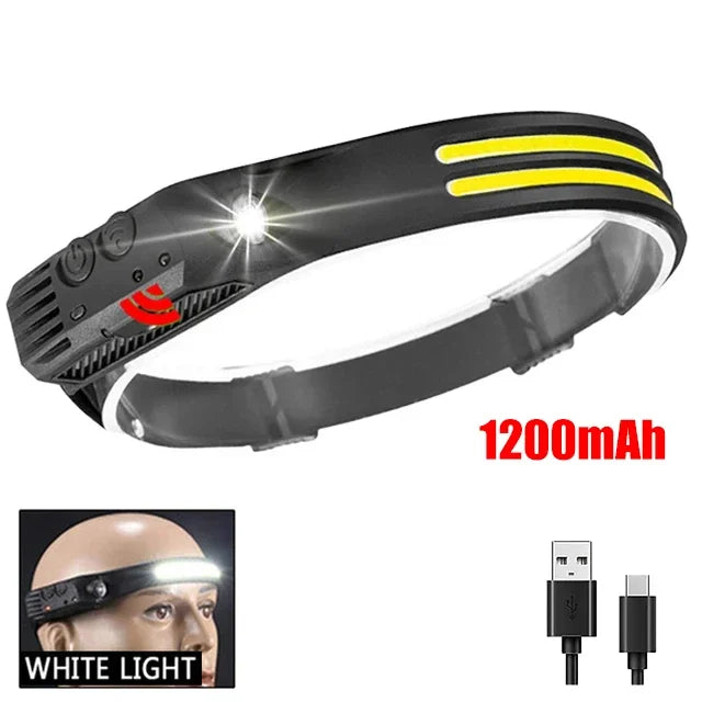 COB LED Sensor Head Lamp Induction Headlamp Built-in Battery Flashlight USB Rechargeable Head Torch 5 Lighting Modes Headlight