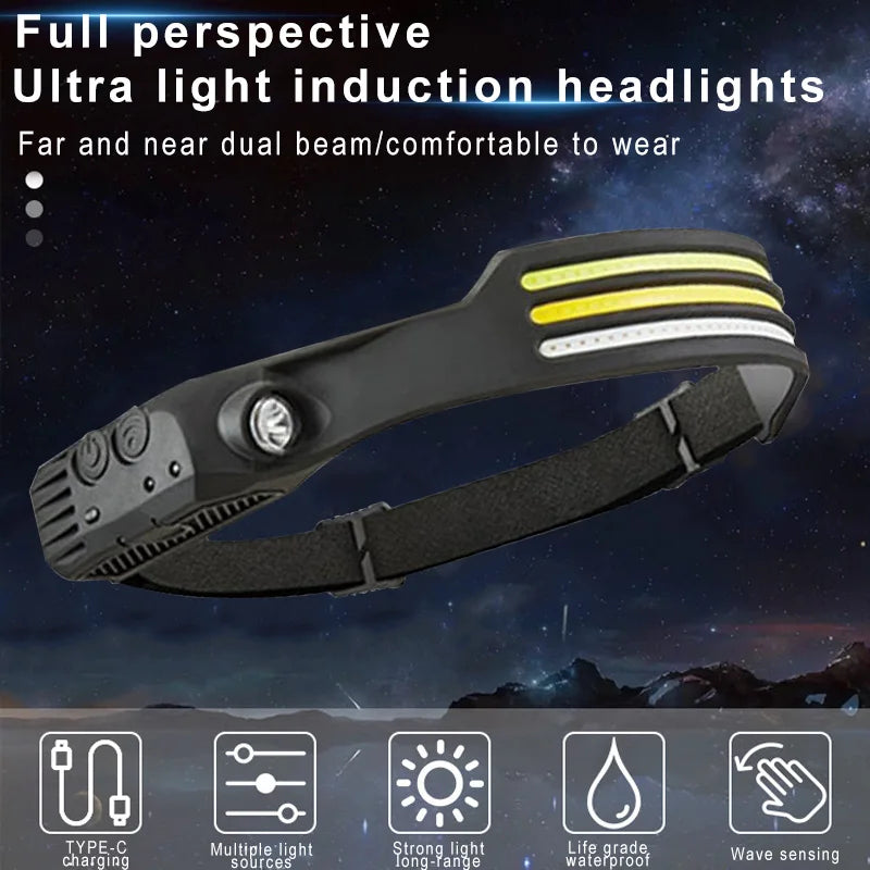 COB LED Sensor Head Lamp Induction Headlamp Built-in Battery Flashlight USB Rechargeable Head Torch 5 Lighting Modes Headlight