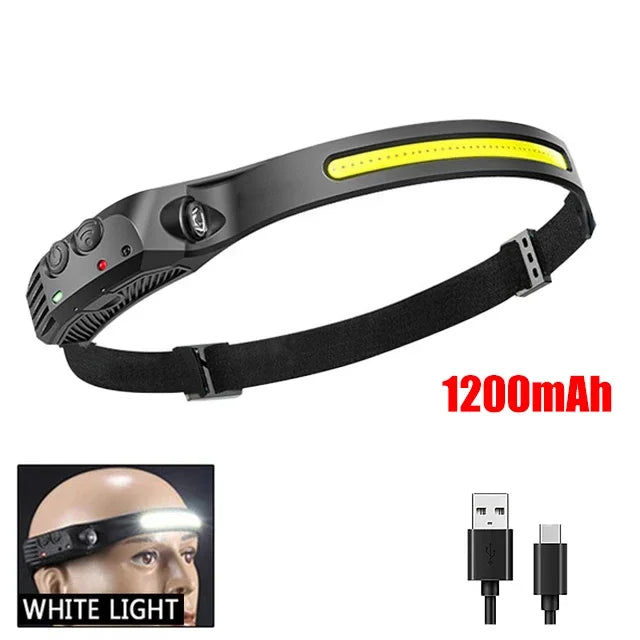 COB LED Sensor Head Lamp Induction Headlamp Built-in Battery Flashlight USB Rechargeable Head Torch 5 Lighting Modes Headlight