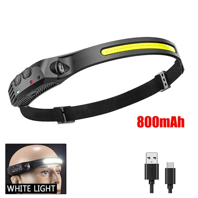 COB LED Sensor Head Lamp Induction Headlamp Built-in Battery Flashlight USB Rechargeable Head Torch 5 Lighting Modes Headlight