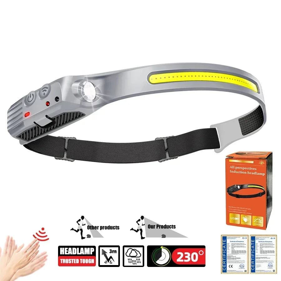 COB LED Sensor Head Lamp Induction Headlamp Built-in Battery Flashlight USB Rechargeable Head Torch 5 Lighting Modes Headlight