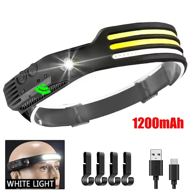 COB LED Sensor Head Lamp Induction Headlamp Built-in Battery Flashlight USB Rechargeable Head Torch 5 Lighting Modes Headlight