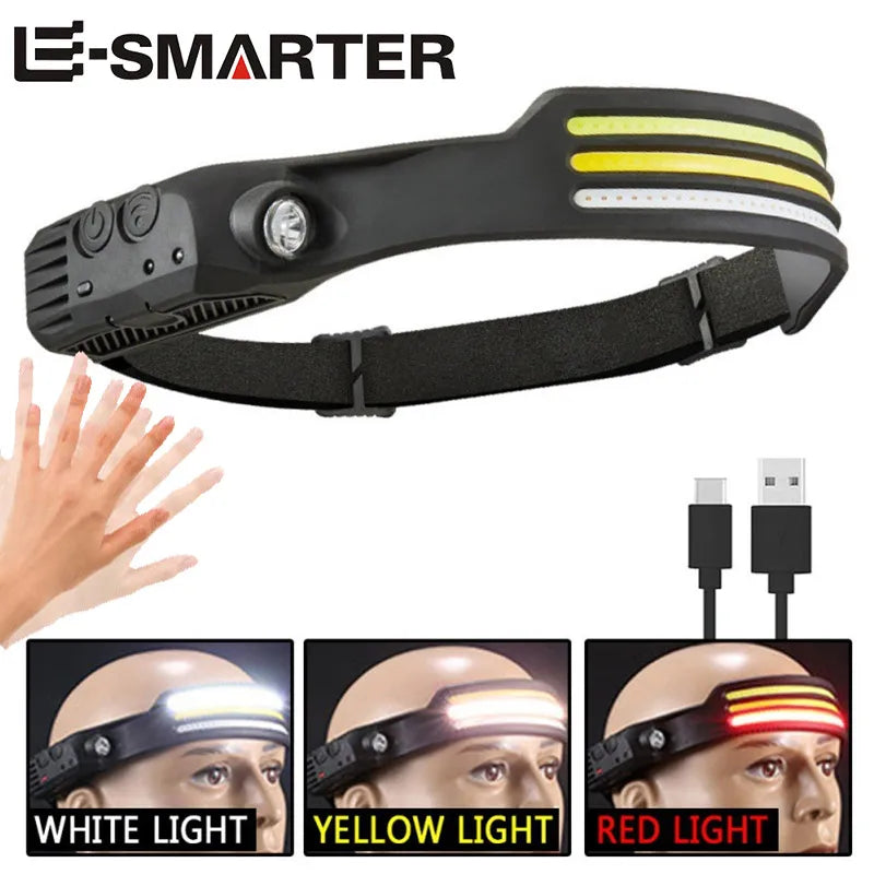 COB LED Sensor Head Lamp Induction Headlamp Built-in Battery Flashlight USB Rechargeable Head Torch 5 Lighting Modes Headlight